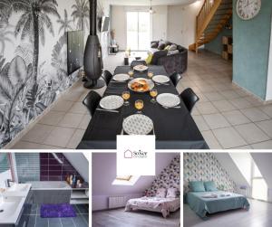 eine Collage aus Bildern eines Wohnzimmers mit einem Tisch in der Unterkunft La Brocéliande enchantée in Iffendic