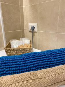 a bathroom with two baskets on a counter with a blue blanket at Villa Ferrari - Park Monza F1 Circuit in Villasanta +39 photos