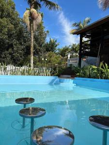 a pool with two stools and a palm tree at Chalé das Margaridas em São Lourenço a 2km do Parque das Águas in São Lourenço