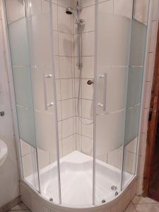 a shower with glass doors in a bathroom at Ferienwohnung Arbesgassl in Hall in Tirol