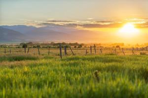 a fence in a field with the sunset in the background at Upscale Hot Tub Wildlife Views in Victor