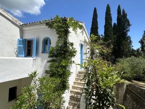 a white house with plants growing up the side of it at Sea View Apartment in the Greek Nature in Gouvia
