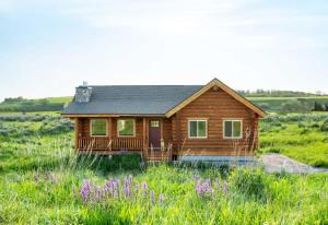 ein Blockhaus auf einem Feld mit lila Blumen in der Unterkunft Log Cabin Teton Views & Pets OK in Tetonia