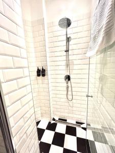 a bathroom with a shower with a black and white checkered floor at Vienna Prater Apartment in Vienna