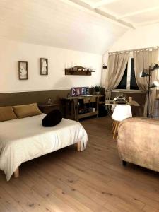 a bedroom with a bed and a couch and a chair at Studette proche Meaux-Disneyland-A4 in Saint-Jean-les-Deux-Jumeaux