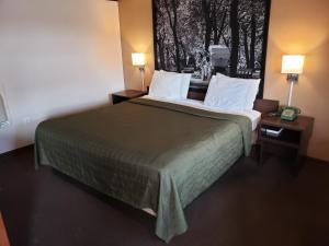 a hotel room with a large bed with two lamps at Mansfield Inn in Mansfield