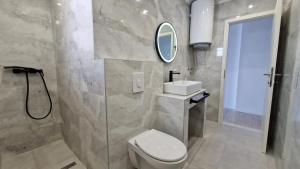 une salle de bain avec toilettes, lavabo et miroir dans l'établissement Arba Seaview Residences Apartments, à Mlini 55 autres photos