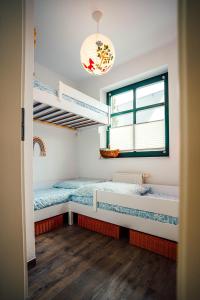 a room with two bunk beds and a window at CBlue "Zickerstuuv", Wasserblick, in der Natur, Grill in Groß Zicker