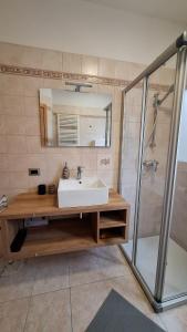 リーヴァ・デル・ガルダにあるGardaSunrise Apartment - Riva del Gardaの洗面台とシャワー付きのバスルーム