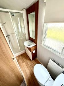 a bathroom with a toilet and a sink and a mirror at 3 Bedroom 8 birth Caravan - Sand Le Mere in Tunstall