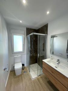 a bathroom with a shower and a toilet and a sink at Casa Galbán in Vilagarcia de Arousa +76 photos