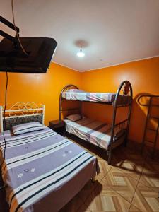 two bunk beds in a room with yellow walls at Hostal copa Arica 2 in Arica