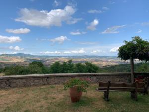 a bench sitting on top of a hill with a view at Podere Piccini with pool in Val d'Orcia-Tuscany in Piancastagnaio