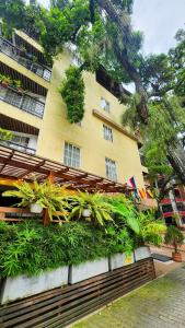 a large yellow building with plants in front of it at Hotel Casa del Hidalgo Centenario - Business & Leisure in Cali