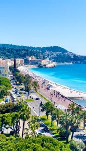a view of a beach with palm trees and the ocean at studio city center beach side free paddle beautiful terrace in Nice