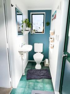 a bathroom with a toilet and a sink at Bed And Breakfast at Tirohanga Beach in Tirohanga +17 photos