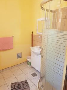 a yellow bathroom with a toilet and a shower at Harley 1 Oder 6 in Karlobag