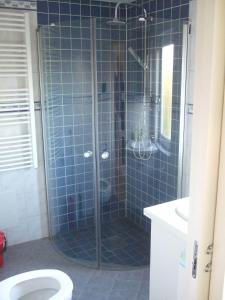 a blue tiled bathroom with a shower and a toilet at Honeymoon Seaview Apartment in Helsingborg