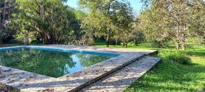 a swimming pool in a yard with trees at La morada del monte in Yerba Buena
