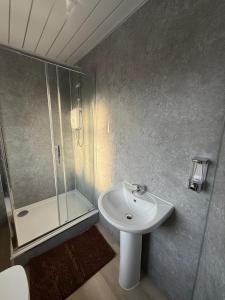 a bathroom with a sink and a glass shower at Airrose Tranquil in Tettenhall +7 photos
