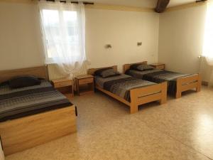 una stanza con tre letti e una finestra di Gîte de charme près du lac du Der avec jardin clos, 4 chambres, parking privé, et équipements modernes - FR-1-611-13 a Valcourt