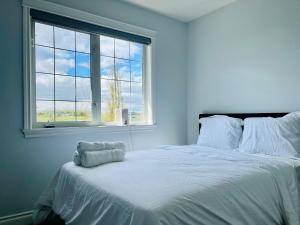 ein Schlafzimmer mit einem großen weißen Bett mit einem Fenster in der Unterkunft Acreage, 5 bdrm, King Bed, AC, Wood Fireplace, Rural in Balzac