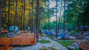un gruppo di tende in una foresta con alberi di Jolotundo Glamping and Edupark a Sagi 1 altra foto