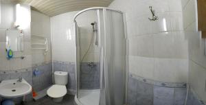 La salle de bains est pourvue d'une douche, de toilettes et d'un lavabo. dans l'établissement nakvinės namai Mano kelias, à Vilnius