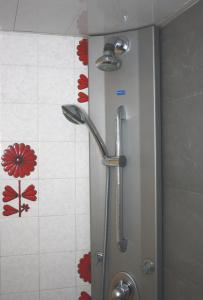 バルセロナにあるApartamento Suites Pedralbes Barcelonaの赤い花の壁のバスルーム(シャワー付)