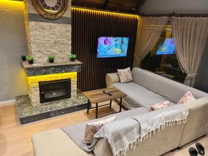 a living room with a couch and a fireplace at BİTEK BUNGALOV in Trabzon