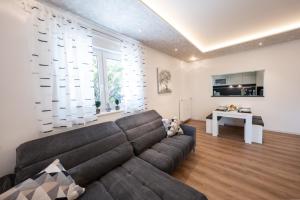 un soggiorno con un divano e un tavolo di Ring48 City Living - modernes Wohnen mit Wohlfühlambiente mitten im Stadtzentrum - vollausgestattete Küche, Bad mit Duschbadewanne, Parkplatz a Bayreuth Altre 39 foto
