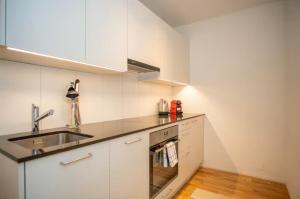 eine Küche mit weißen Schränken und einer Spüle in der Unterkunft Central Studio Apartment with free BaselCard - Magritte in Basel