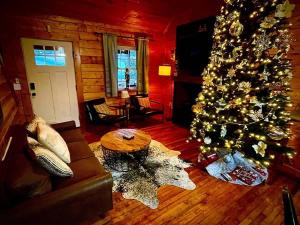 a living room with a christmas tree and a couch at Creekside with views - jacuzzi firepit arcade in Cosby +60 photos