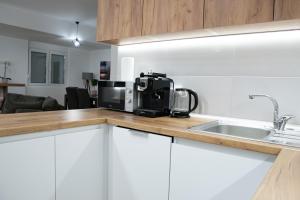 a kitchen counter with a microwave and a sink at Mango Apartments in Gevgelija +90 photos