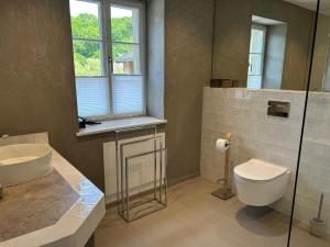 a bathroom with a sink and a toilet and a window at gemütliches Ferienhaus nahe Trier in Wasserliesch