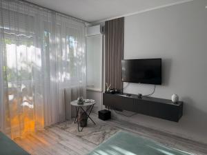 a living room with a television and a table at Boulevard Apartman in Nyíregyháza