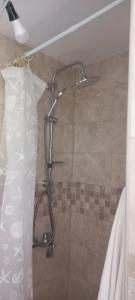 a shower with a shower curtain in a bathroom at Smeštaj Miražinke in Pogled
