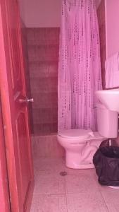 a pink bathroom with a toilet and a shower at Apartamento vacacional in Manta