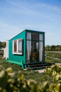 a green tiny house sitting in a field at Hihahut De Tuureluur in Oud-Ade