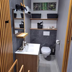 a bathroom with a white sink and a toilet at Ty Colibri Lannion in Lannion +17 photos