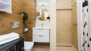 a bathroom with a toilet and a sink and a mirror at Baltic Line - Sobieszewski Raj in Gdańsk