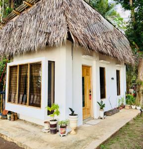 a small house with a thatched roof and potted plants at Bohol Seafront Villa Pasan Cove a resort homestay in Guindulman