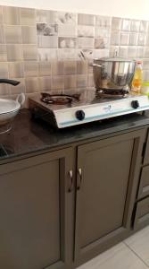 a kitchen counter with a blender on top of it at Cheerful 1 bed vacation home with tours & facilities in La Gaulette