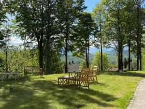 a picnic table and benches in a park at Villa Giordani affittacamere Boscoreale in Piandelagotti