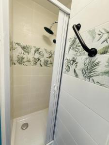 a shower with a glass door in a bathroom at Sweethome Massena in Nice +46 photos