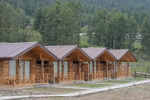 a row of wooden log cabins in a forest at Gangtey Pinewood Resort in Gangtey Gonpa