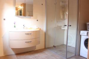a bathroom with a sink and a washing machine at Ferienhaus Wiedingharde II in Tating +15 photos