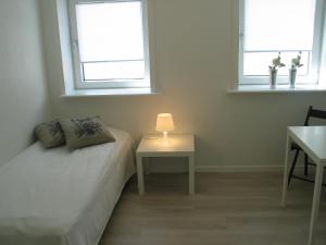 a bedroom with a bed and a table and two windows at Aalborg City Rooms ApS in Aalborg