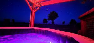 un bain à remous avec éclairage violet dans une arrière-cour la nuit dans l'établissement La Luna - Tiny House Spa - Romantique & Nature, à Saint-Yan
