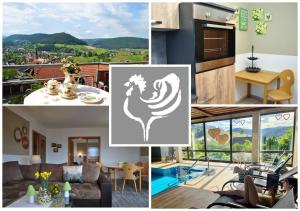 a collage of pictures of a living room and a house at Goldener Hahn Residence Ferienwohnungen mit Infrarot Sauna, Panorama Aussicht & Pool, Frühstücksservice im Aparthotel in Baiersbronn